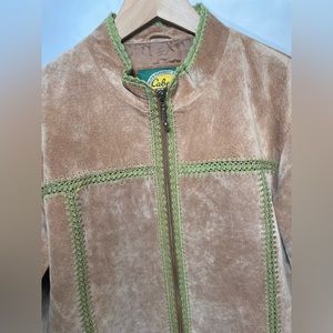 Vintage Cabela’s Suede Leather Jacket Tan Green Crochet Trim Women’s Medium